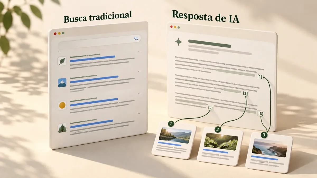 Ilustração tridimensional compara uma lista de resultados da busca tradicional com uma resposta de IA ligada a três cartões de fontes citadas